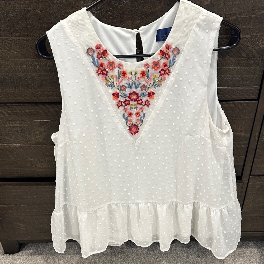 Blue Rain Floral Embroidered White Blouse
